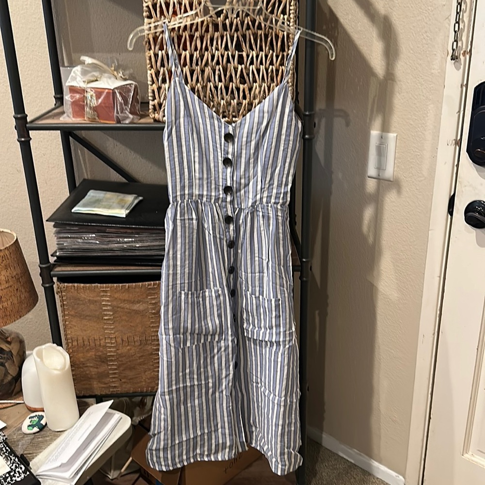Button down striped midi dress with pockets